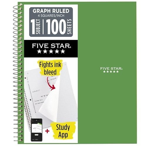 Five Star Spiral Defter + Çalışma Uygulaması, 1 Konu, Grafik Çizgili Kağıt, 21.6 x 27.9 cm, 100 Yaprak, Mürekkep Geçirmez, Suya Dayanıklı Kapak, Seaglass Yeşili