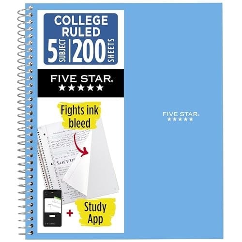 Five Star Spiral Defter + Çalışma Uygulaması, 5 Konu, Kolej Çizgili Kağıt, Mücadele Mürekkep Kanaması, Suya Dayanıklı Kapak, 200 Yaprak, Mavi (73635)