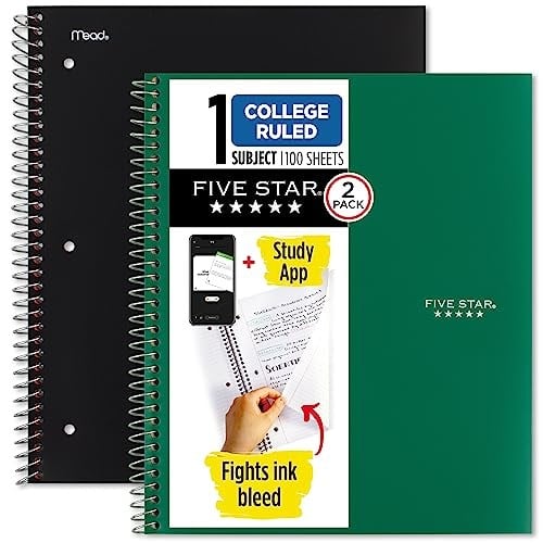 Five Star Spiral Defter + Çalışma Uygulaması, 2li Paket, 1 Konu, Kolej Çizgili Kağıt, Mürekkep Kanaması ile Mücadele, Suya Dayanıklı Kapak, 2,5 cm x 11 inç, 100 Yaprak, Siyah, Yeşil (820187)