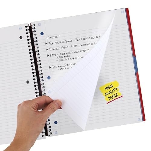 Five Star Spiral Defter + Çalışma Uygulaması, 3 Konu, Kolej Çizgili Kağıt, Spiral Korumalı İleri Defter, Hareketli Sekmeli Bölücüler ve Genişleyen Cepler, 8-1/2 