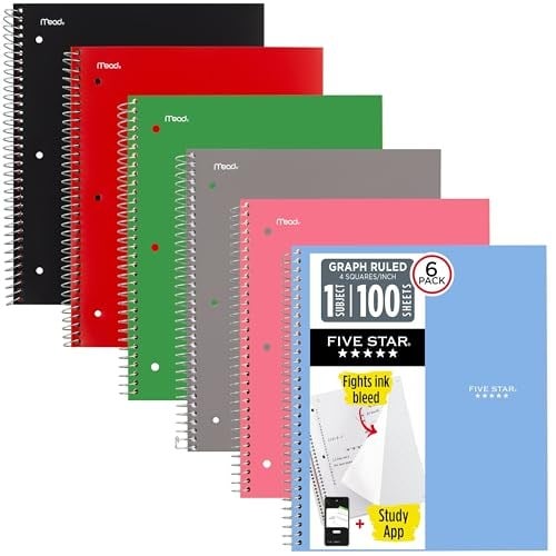 Five Star Spiral Defter + Çalışma Uygulaması, 6lı Paket, 1 Konu, Grafik Çizgili Kağıt, 21.6 x 27.9 cm, 100 Yaprak, Mürekkep Geçirmez, Suya Dayanıklı Kapak, Karışık Renkler (73549)