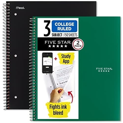 Five Star Spiral Defterler + Çalışma Uygulaması, 2li Paket, 3 Konu, Kolej Çizgili Kağıt, 8-1/2 