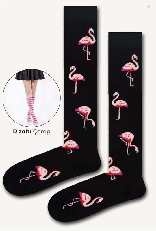 Flamingo Desenli Siyah Dizaltı Çorap Siyah 36-44