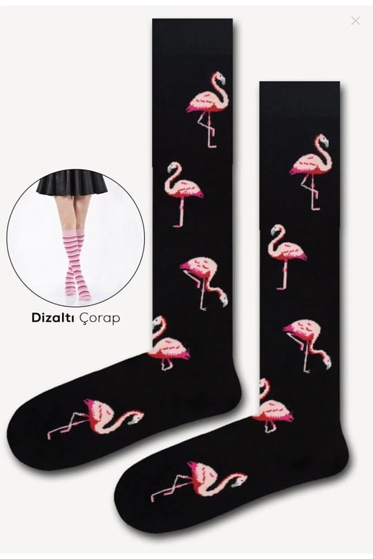 Flamingo Desenli Siyah Dizaltı Çorap Siyah 36-44