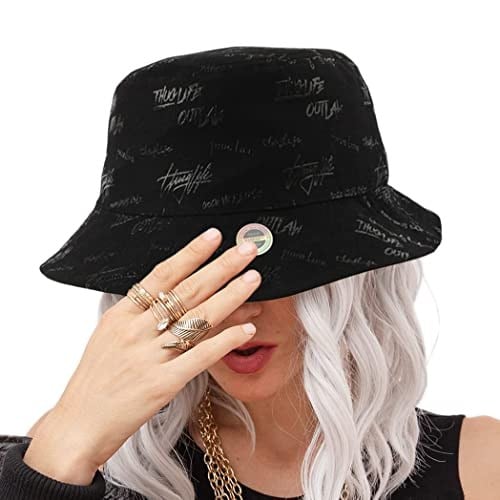 Flipper Thuglife Logo Baskılı Ters Çevrilebilir Pamuk Sun Boonie Kova Şapka Erkek Kadın Üniseks Kpop Kore Tarzı (Tamamen Siyah, L~XL (23