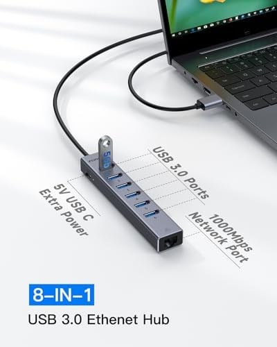 FORIDA USB 3.0 - Ethernet Adaptörü, [Yüksek Hızlı Gigabit] Ağ Hubı, 7si 1 Arada Çoklu Bağlantı Noktalı Hub, 5V Güçlü, Alüminyum Kabuk USB-Adan RJ45e Bağlantı Noktası Dönüştürücü iMac, PC, Chromeboo