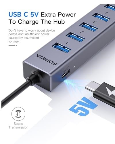 FORIDA USB 3.0 - Ethernet Adaptörü, [Yüksek Hızlı Gigabit] Ağ Hubı, 7si 1 Arada Çoklu Bağlantı Noktalı Hub, 5V Güçlü, Alüminyum Kabuk USB-Adan RJ45e Bağlantı Noktası Dönüştürücü iMac, PC, Chromeboo