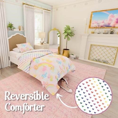 Franco Collectibles Care Bears Klasik Retro Gökkuşağı Yatak Takımı 5 Parça Süper Yumuşak Yorgan ve Çarşaf Seti, Şemli, İkiz (% - Seçenekler: 4 Piece Twin Size, 5 Piece Full Size, 5 Piece Queen Size...
