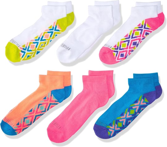 Fruit of the Loom Big Everyday Active Low Cut Socks-6 Pair Pack, White, Pink, Purple, Blue, Green, Teal, Girls Shoe Size: 4-10 (Large)