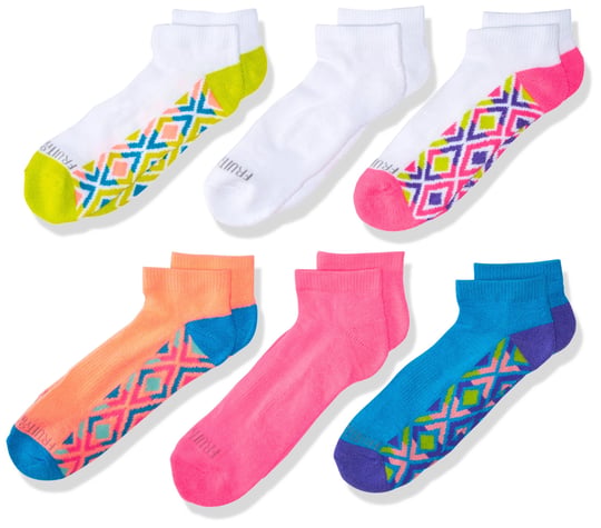 Fruit of the Loom Big Everyday Active Low Cut Socks-6 Pair Pack, White, Pink, Purple, Blue, Green, Teal, Girls Shoe Size: 4-10 (Large)