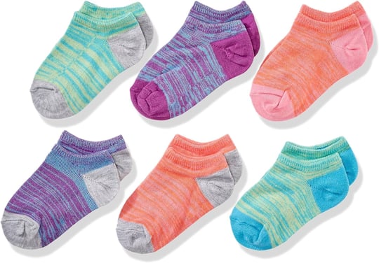 Fruit of the Loom Girls Big Show Socks-6 Pack, Pink/Orange/Blue/Yellow/Purpe/Gray, Shoe Size 4-10 Large