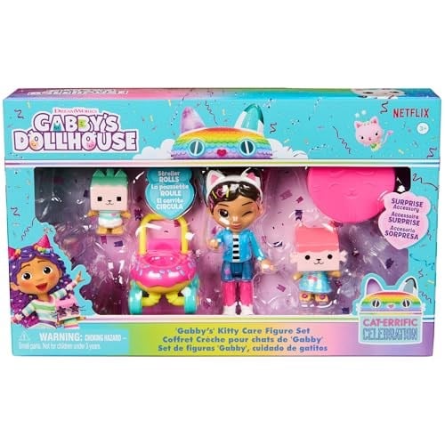 Gabbys Dollhouse, Kitty Care figür seti, 2 kedi figürü ve bebek arabası ile Gabby, 3 yaş ve üzeri