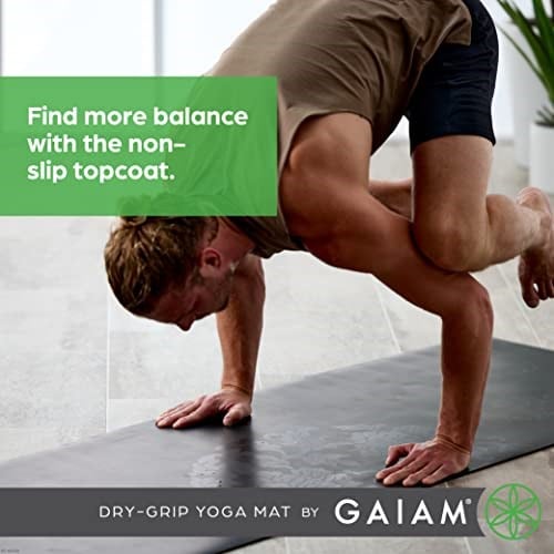 Gaiam dry-grip yoga matı – 5 mm kalınlığında kaymaz egzersiz ve fitness matı, standart veya sıcak yoga, pilates ve yer egzersizleri için – yastıklı destek, kaymaz kaplama – 173 x 61 cm