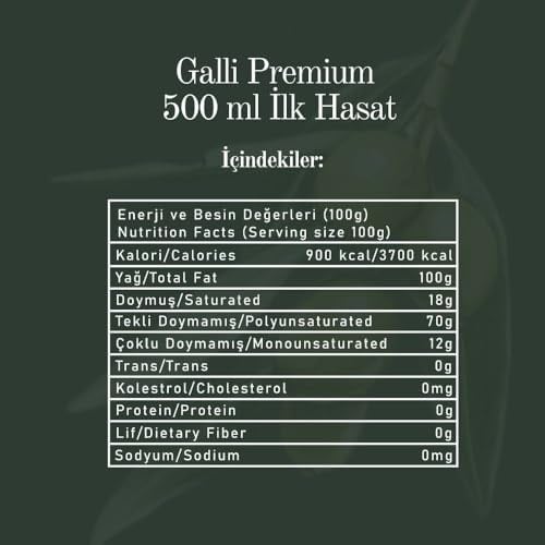 Galli Premium Soğuk Sıkım Natürel Sızma Zeytinyağı 500 Ml - Yeni Hasat