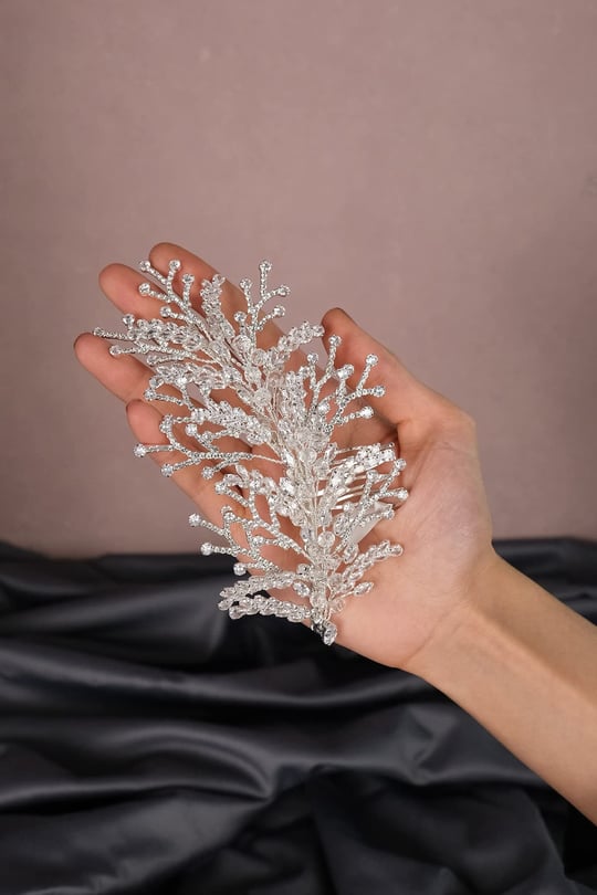 Gelin Saç Aksesuarı Dal Desen Kristalli Zirkon Taşlı Gelin Saç Aksesuarı