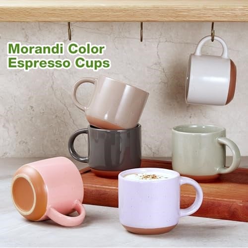 Gencywe Morandi Renkli Seramik Mini Espresso Bardakları 6lı Set, 145 ml Espresso Kupaları, Saplı Porselen Kahve Kupaları, Demitasse Bardakları, Modern Stil Espresso Bardakları, Mikrodalga Bulaşık Mak