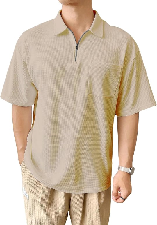 GENIUS STORE Erkek Oversize Polo Yaka Waffle T-Shirt FERMUARLI