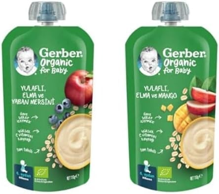 Gerber Organic Yulaflı Elma ve Yaban Mersini Püre 8x110g​ ve Gerber Organik Yulaflı Elma ve Mango Püresi 8x110g