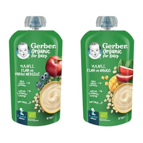 Gerber Organic Yulaflı Elma ve Yaban Mersini Püre 8x110g​ ve Gerber Organik Yulaflı Elma ve Mango Püresi 8x110g