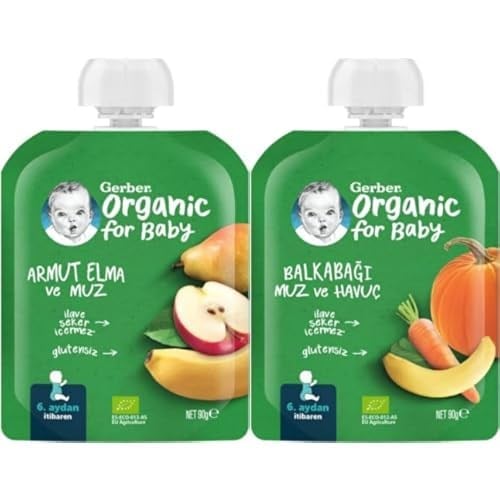Gerber Organik Armut Elma ve Muz Püresi 90 g x 7 ve Gerber Organik Muz Havuç ve Balkabağı Püresi 90 g x 7