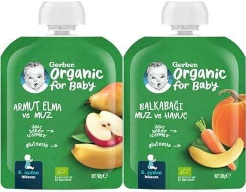 Gerber Organik Armut Elma ve Muz Püresi 90 g x 7 ve Gerber Organik Muz Havuç ve Balkabağı Püresi 90 g x 7