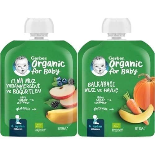 Gerber Organik Muz Yabanmersini Böğürtlen ve Elma Püresi 90 g x 7 ve Gerber Organik Muz Havuç ve Balkabağı Püresi 90 g x 7