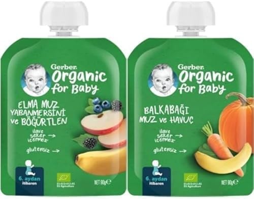 Gerber Organik Muz Yabanmersini Böğürtlen ve Elma Püresi 90 g x 7 ve Gerber Organik Muz Havuç ve Balkabağı Püresi 90 g x 7