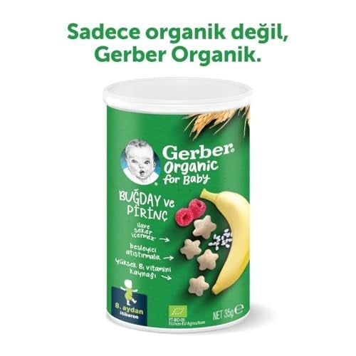 Gerber Organik Pirinçli, Buğdaylı, Muzlu ve Ahududulu Bebek Atıştırmalığı 35 g x 5