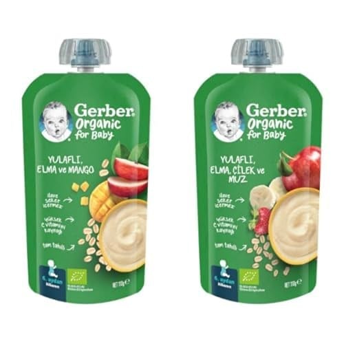 Gerber Organik Yulaflı Elma ve Mango Püresi 8x110g ve Gerber Organic Yulaflı Elma, Çilek ve Muz Püre 8x110g​
