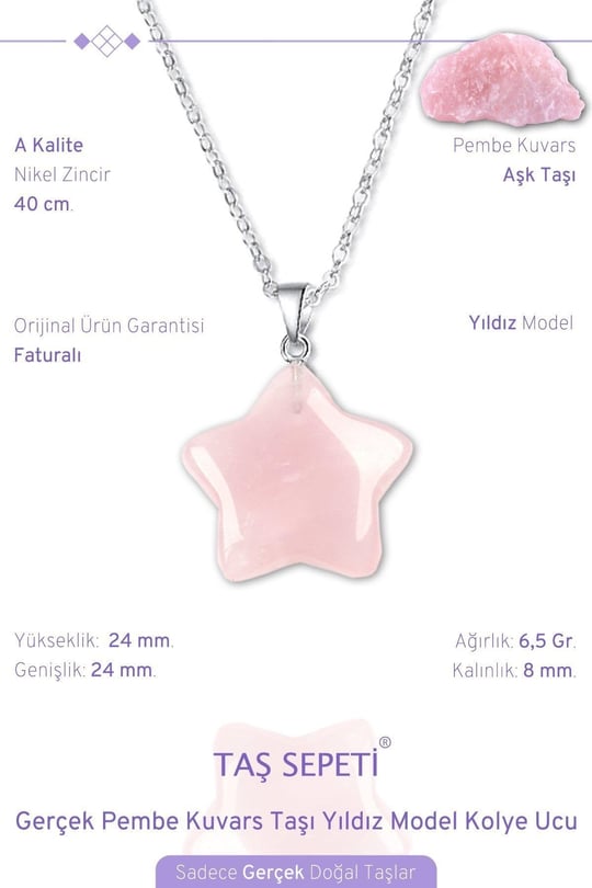 Gerçek Pembe Kuvars Doğal Taşı Yıldız Model Zincirli Kolye Ucu Pembe