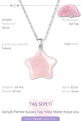 Gerçek Pembe Kuvars Doğal Taşı Yıldız Model Zincirli Kolye Ucu Pembe