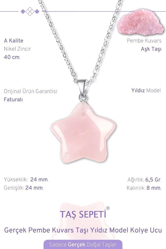 Gerçek Pembe Kuvars Doğal Taşı Yıldız Model Zincirli Kolye Ucu Pembe