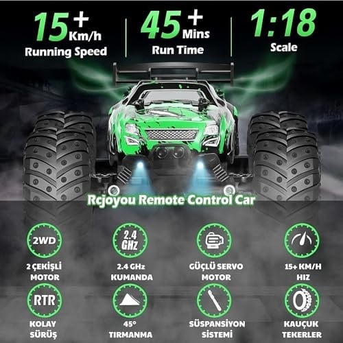 Giffy/Oyuncak 2.4 Ghz Uzaktan Kumandalı Şarjlı LED Işıklı Drift Atan 15 Km Hız Yapan Off Road Araba 45 Dk Sürüş Süresi 1200 Mah Batarya (Yeşil)