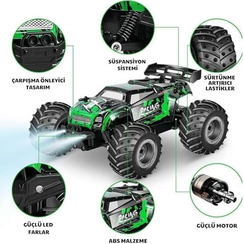 Giffy/Oyuncak 2.4 Ghz Uzaktan Kumandalı Şarjlı LED Işıklı Drift Atan 15 Km Hız Yapan Off Road Araba 45 Dk Sürüş Süresi 1200 Mah Batarya (Yeşil)
