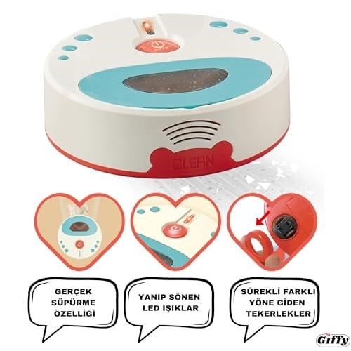 Giffy/Oyuncak Pilli Robot Süpürge Sesli Ve Işıklı Gerçek Süpürme Özelliği Ve Sürekli Farklı Yönlere Giden Oyuncak Robot Süpürge Oyuncağı