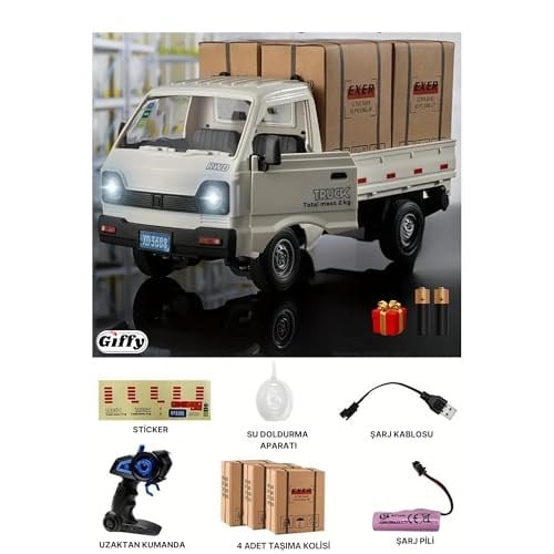 Giffy/Uzaktan Kumandalı RC Kamyonet,Yük Taşıma Aracı,Sesli,Işıklı,Şarjlı,(Pil Hediyeli),2.4 Ghz Araç, Koli Taşıyabilen Nakliye Kamyoneti (Beyaz)