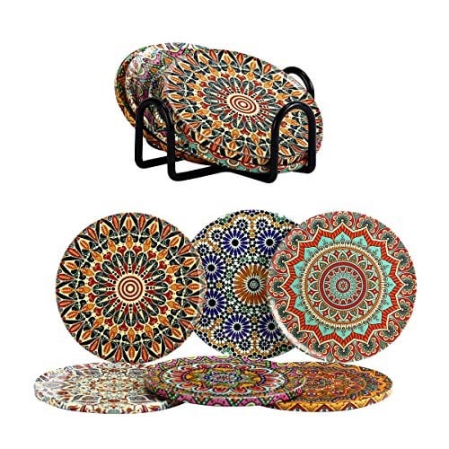 GiftHome 6 lı Çini Desenli (Autum) Metal Bardak Altlığı ve Metal Stand