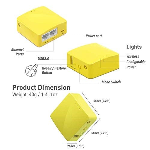 GL.iNet GL-MT300N-V2(Mango) Taşınabilir Mini Seyahat Kablosuz Cep VPN WiFi Yönlendirici - Erişim Noktası/Genişletici/WDS | OpenWrt | 2 x Ethernet Bağlantı Noktası | OpenVPN/Wireguard VPN | USB 2.0