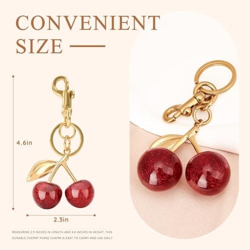 Glitter Kiraz Çanta Charm,Kırmızı Kiraz Anahtarlık Metal Aksesuar Çanta ve Çantalar,Altın Aksesuar, Altın, kırmızı, universal size
