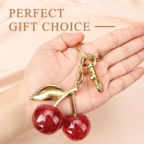 Glitter Kiraz Çanta Charm,Kırmızı Kiraz Anahtarlık Metal Aksesuar Çanta ve Çantalar,Altın Aksesuar, Altın, kırmızı, universal size