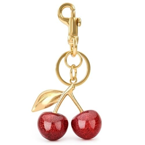 Glitter Kiraz Çanta Charm,Kırmızı Kiraz Anahtarlık Metal Aksesuar Çanta ve Çantalar,Altın Aksesuar, Altın, kırmızı, universal size