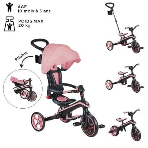 Globber - 4ü 1 Arada Explorer Üç Tekerlekli Bisiklet - 10 Ay - 5 Yaş Arası Yeni Yürümeye Başlayan Çocuklar için Katlanabilir ve Ölçeklenebilir Üç Tekerlekli Bisiklet - Pastel Pembe