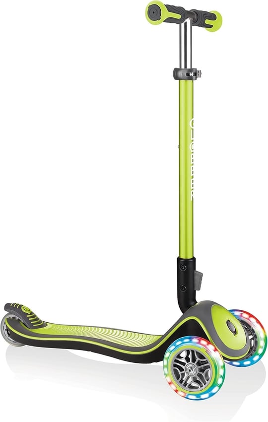 GLOBBER ELITE DELUXE LIGHTS – Tretroller Kinder, 120/80 mm, ABEC 5, 3-rädrig, höhenverstellbar, LED-Rollen, lime grün