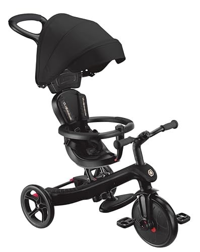 GLOBBER Explorer Trike 4ü 1 arada Pro siyah – Üç tekerlekli bisiklet, denge bisikleti ve bebek arabası, 10/8,5 inç – TPR koltuk – yüksekliği ayarlanabilir çocuk arabası