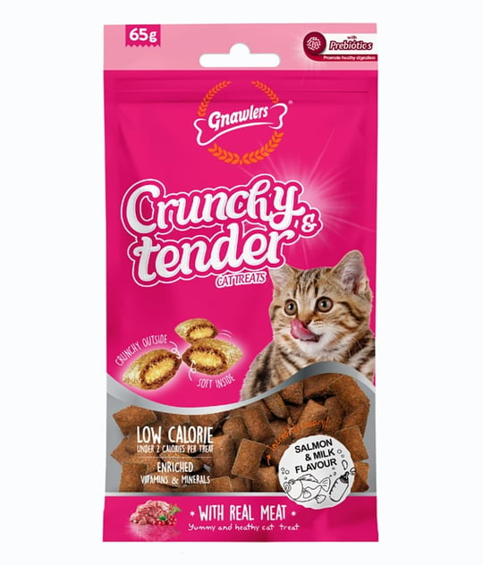 Gnawlers Crunchy Somonlu ve Sütlü Prebiotik Destekli Kedi Ödül Maması 65gr