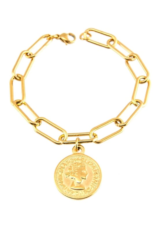 Gold Kaplama Paslanmaz Bayan Büyük Zincir Madalyon Bileklik Bilezik 20 cm arenNM54
