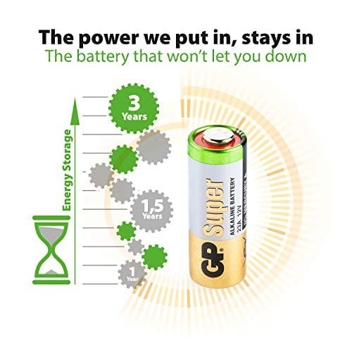 GP Batteries GP23A Süper Alkalin 23A/MN21/V23GA Boy Pil, 12 Volt, 5li Kart, Bakır/Beyaz/Yeşil