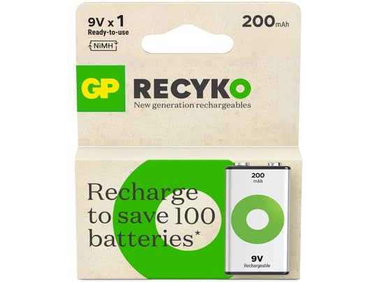 GP Batteries ReCyko 200 9V Boy Ni-Mh Şarjlı Pil, 8.4 Volt, Tekli Kart