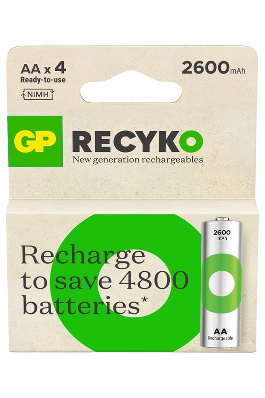 GP Batteries ReCyko 2600 AA Kalem Ni-MH Şarjlı Pil, 1.2 Volt, 4lü Kart