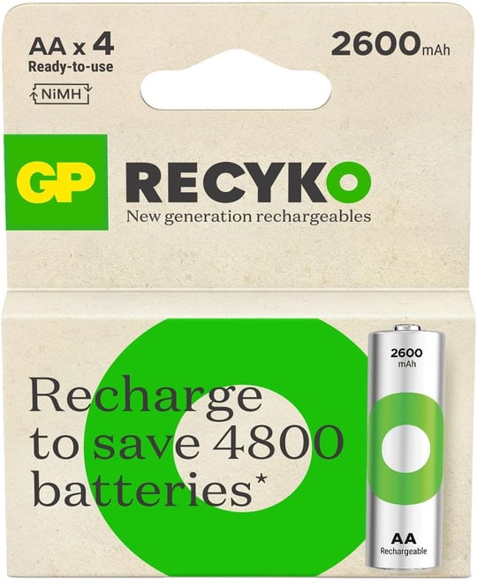GP Batteries ReCyko 2600 AA Kalem Ni-MH Şarjlı Pil, 1.2 Volt, 4lü Kart